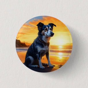 Bóton Redondo 2.54cm Cachorro Fofo na Praia ao Pôr do Sol 