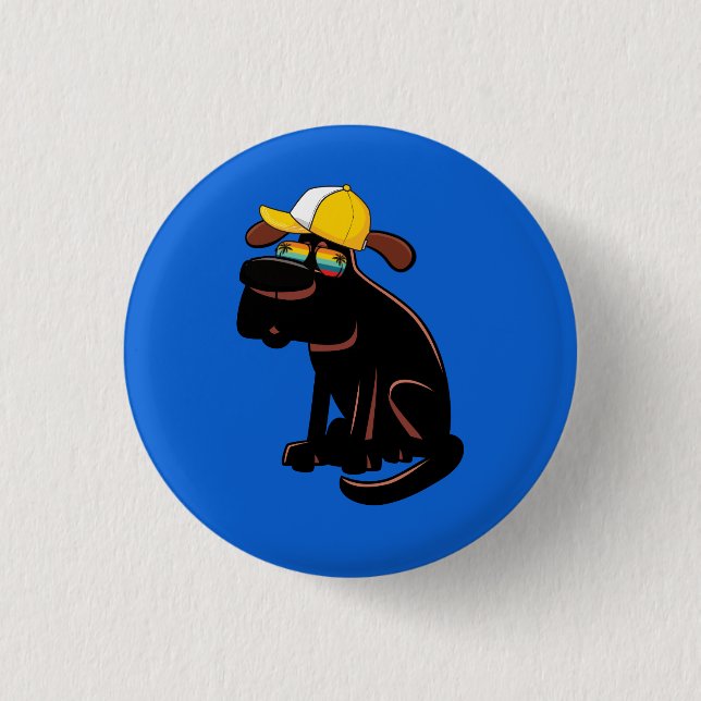 Bóton Redondo 2.54cm Cachorro vestindo óculos de sol e um chapéu amarel (Frente)