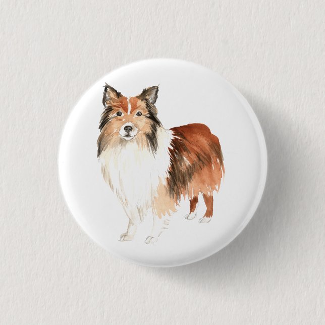 Bóton Redondo 2.54cm Cachorros Aquarelas Shetland Sheepdog (Frente)