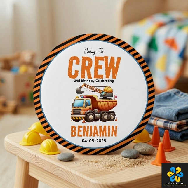Bóton Redondo 2.54cm Caminhão de Construção Menino da Equipe de Constru (Construction Crew Dump Truck Boy 2nd Birthday Button
)