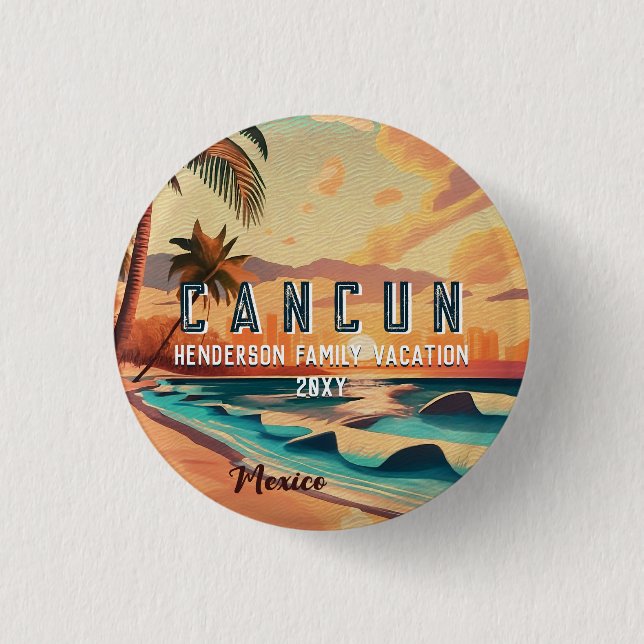 Bóton Redondo 2.54cm Cancún México Palm Tree Sunset Viagem Souvenir (Frente)