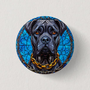 Bóton Redondo 2.54cm Cão Cane Corso com Correntes em Vidro Colorido Azu