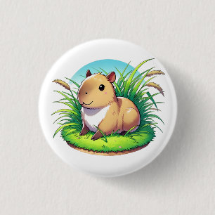 Bóton Redondo 2.54cm Capybara adorável senta-se num pedaço de erva alta