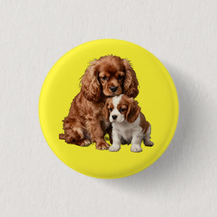 Bóton Redondo 2.54cm Cavalier Spaniel Ruby e seu filhote Blenheim