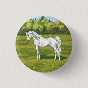 Bóton Redondo 2.54cm Cavalo Árabe Egípcio Branco na Pastura de Verão