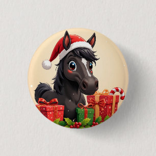 Bóton Redondo 2.54cm Cavalo Preto de Desenho Animado Festivo Com Chapéu