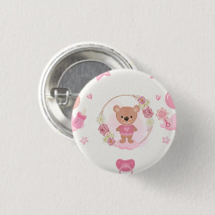 Bóton Redondo 2.54cm Chá de Bebê do Ursinho Teddy Rosa