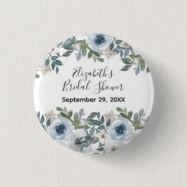 Bóton Redondo 2.54cm Chá de Bebê Floral Azul Branco Aquarela (Frente)