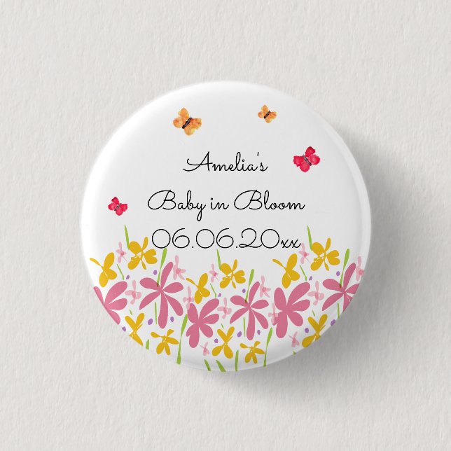 Bóton Redondo 2.54cm Chá de Bebê Rosa Flor Silvestre (Frente)