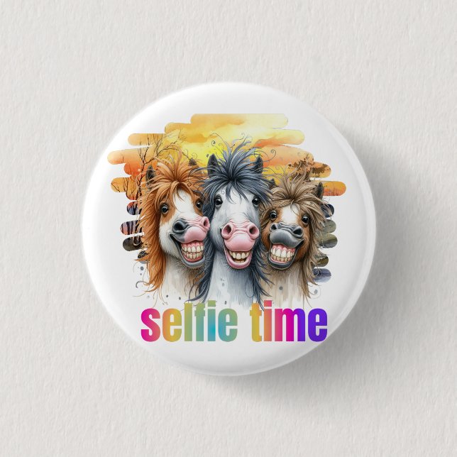 Bóton Redondo 2.54cm Chapas horse meme – funny horses on a selfie (Frente)