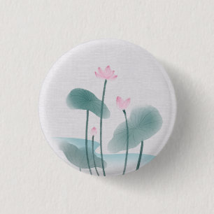 Bóton Redondo 2.54cm Chinoiserie Chinesa Ink Lash Pintura Lotus Floral