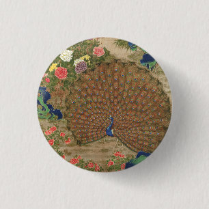 Bóton Redondo 2.54cm Chinoiserie Pavão Azul com Jardim de Flores Exótic