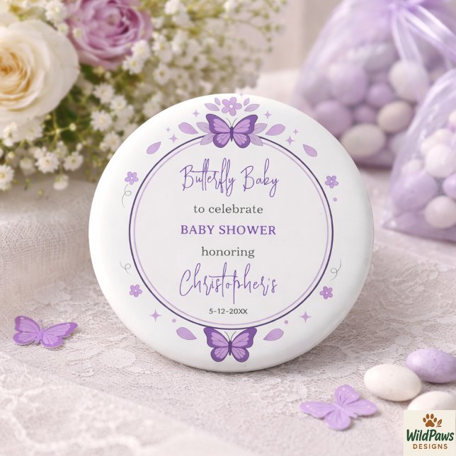 Bóton Redondo 2.54cm Chuva de Bebê Menina Borboleta Roxa (Purple Butterfly Baby Girl Baby Shower Button
)