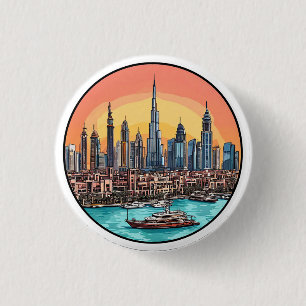 Bóton Redondo 2.54cm Cidade de Dubai - Skyline com Arranha-céus em Torr