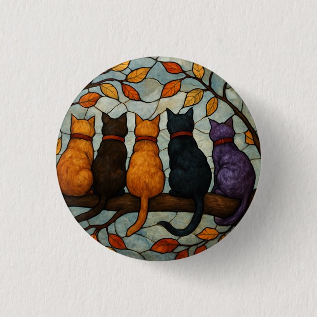 Bóton Redondo 2.54cm Cinco Gatos em um Galho de Árvore Estilo Vidro Col (Frente)