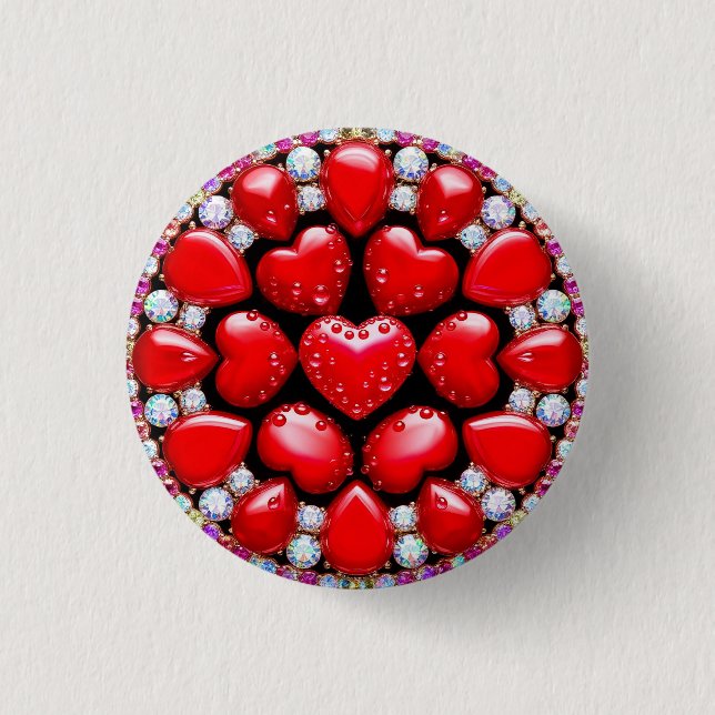 Bóton Redondo 2.54cm Círculo de Joias Coração Vermelho (Frente)