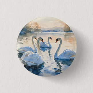 Bóton Redondo 2.54cm Cisnes no Lago Pintura em Aquarela