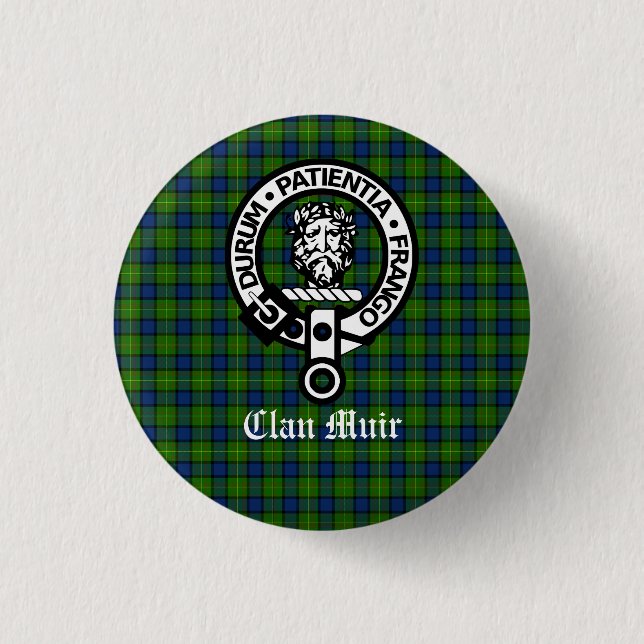 Bóton Redondo 2.54cm Clan Muir Crest Crachá e Tartan (Frente)