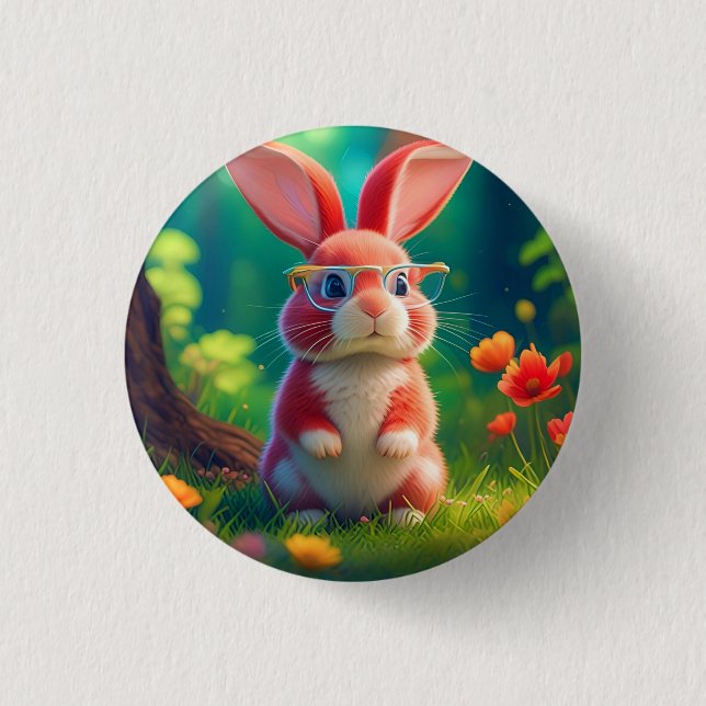 Bóton Redondo 2.54cm Coelhinho Rosa Bonito com Grama Verde (Frente)