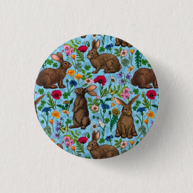 Bóton Redondo 2.54cm Coelhos e flores silvestres (Frente)