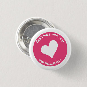 Bóton Redondo 2.54cm Coração Branco de Texto Personalizado a Rosa