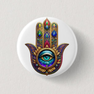 Bóton Redondo 2.54cm Cores de Pavão Dourado Hamsa Safira Verde Terceiro