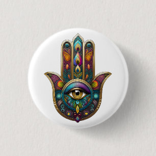 Bóton Redondo 2.54cm Cores de Pavão Hamsa com Terceiro Olho Dourado