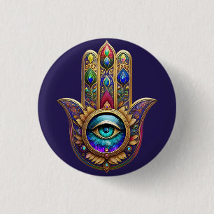 Bóton Redondo 2.54cm Cores do Pavão Dourado Hamsa Safira Verde Terceiro