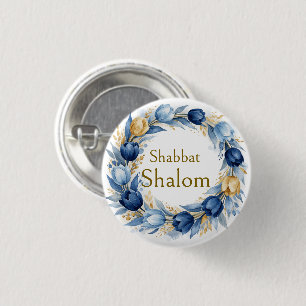 Bóton Redondo 2.54cm Coroa de Ouro Azul, Shabbat Shalom Aquarela Glam