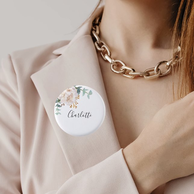 Bóton Redondo 2.54cm Crachá de nome floral branco de eucalipto (Criador carregado)