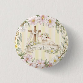 Bóton Redondo 2.54cm Cruz Floral e Cordeiro | Feliz Páscoa