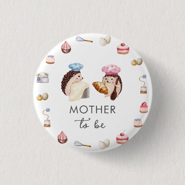 Bóton Redondo 2.54cm Cute Hedgehog Chef Baker Mother To Be Baby Shower  (Frente)