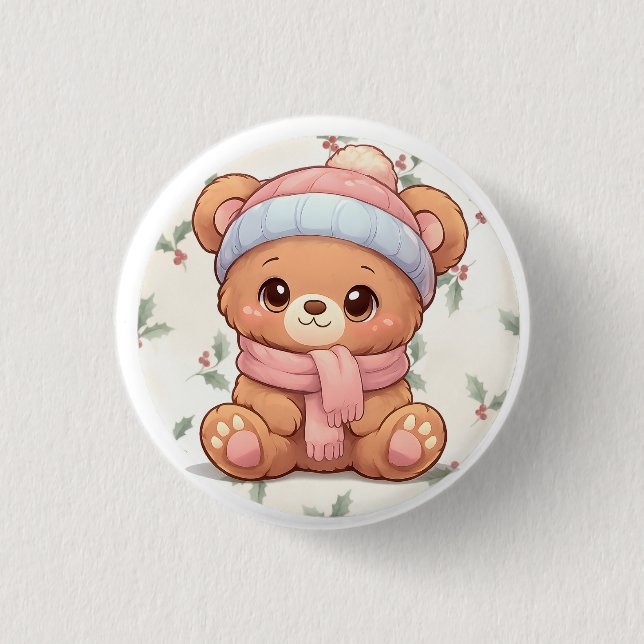 Bóton Redondo 2.54cm Cute Kawaii Teddy Bear Winter Button (Frente)