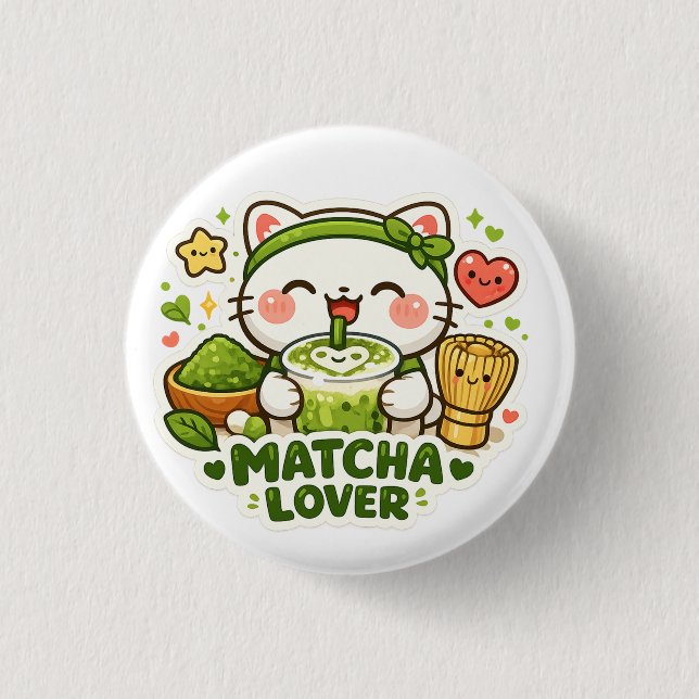 Bóton Redondo 2.54cm Cute Matcha Lover Cat (Frente)