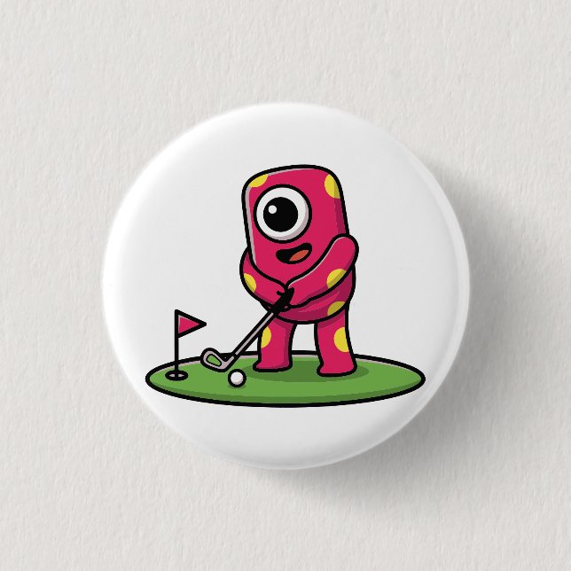 Bóton Redondo 2.54cm Cute One-Eyed Pink Monster Playing Golf Cartoon (Frente)