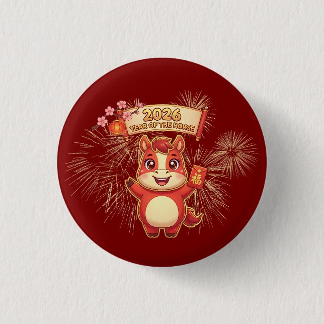 Bóton Redondo 2.54cm Cute Red Horse 2026 Year Of Te Horse (Frente)