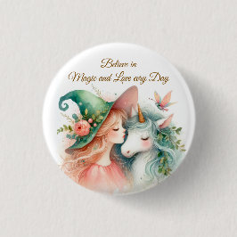 Bóton Redondo 2.54cm Cute Witch Unicorn Pin Magic Watercolor Fantasy