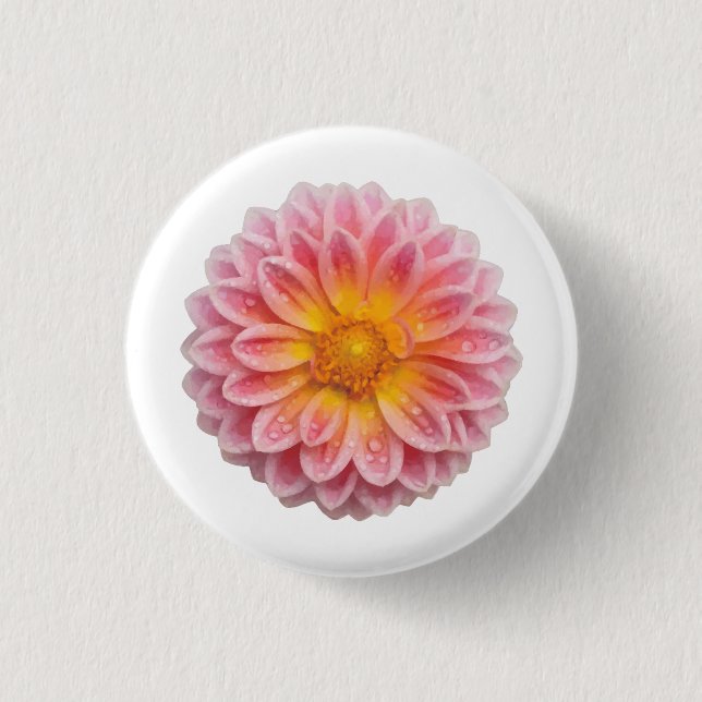 Bóton Redondo 2.54cm Dahlia rosa e gotas cor-de-rosa (Frente)
