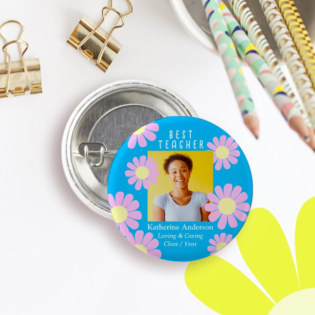 Bóton Redondo 2.54cm Daisy Best Teacher Photo Bright Blue Button (Daisy Best Teacher Bright Blue Button.)