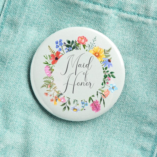 Bóton Redondo 2.54cm Dama de Honra Flor Silvestre Roteiro Casamento  (Maid of Honor Wildflower Watercolor Floral Wreath Wedding Button
)
