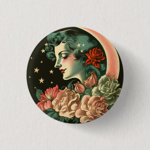 Bóton Redondo 2.54cm Dama de Lua e Flores da Arte Retroativa Deco