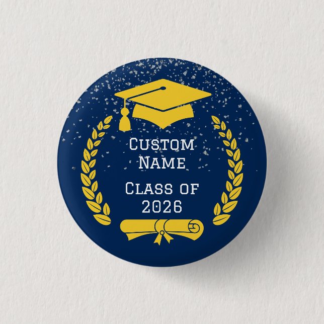 Bóton Redondo 2.54cm Dark Blue & Gold Class of 2026 Graduation Button (Frente)
