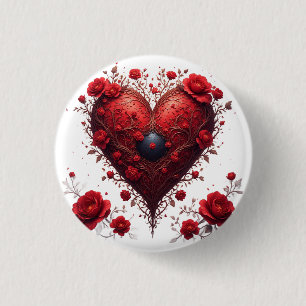 Bóton Redondo 2.54cm Desenho de Coração Floral Vermelho Com Flores em F