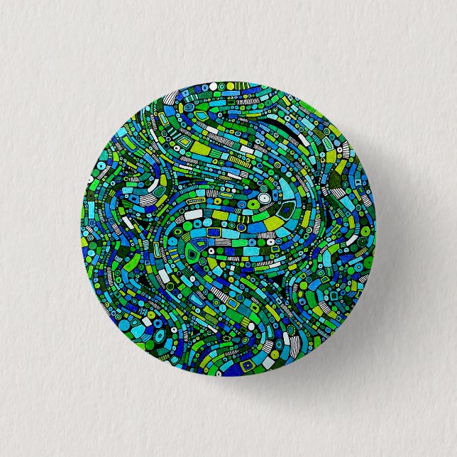 Bóton Redondo 2.54cm Design Abstrato Formas Ondas Azul Verde (Frente)