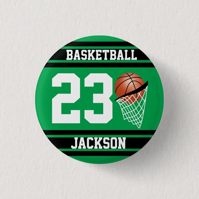 Bóton Redondo 2.54cm Design de basquete em verde e preto (Frente)