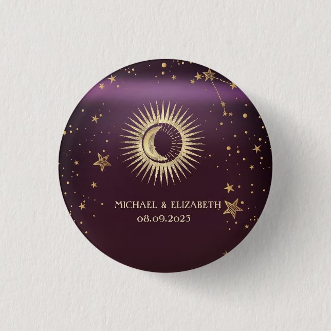 Bóton Redondo 2.54cm Dourado Celestial Sol E Lua Estrelas Borgonha (Frente)