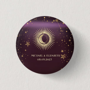 Bóton Redondo 2.54cm Dourado Celestial Sol E Lua Estrelas Borgonha