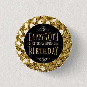 Bóton Redondo 2.54cm Dourado Diamantes Feliz 50º aniversário Texto