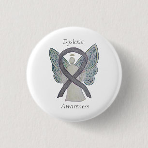 Bóton Redondo 2.54cm Dyslexia Silver Sensibilização Ribbon Angel Pin