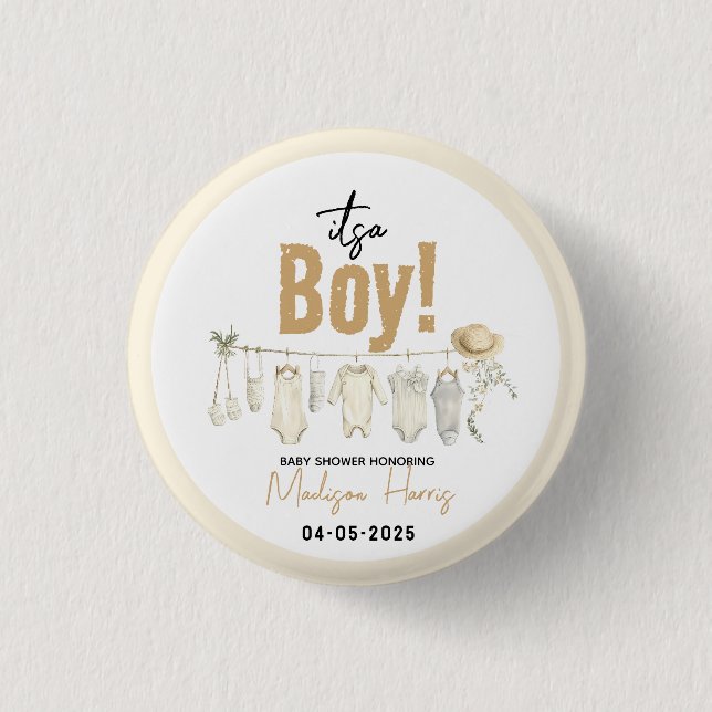 Bóton Redondo 2.54cm É um menino! Chá de fraldas Azul - Bonito e Doce (Frente)